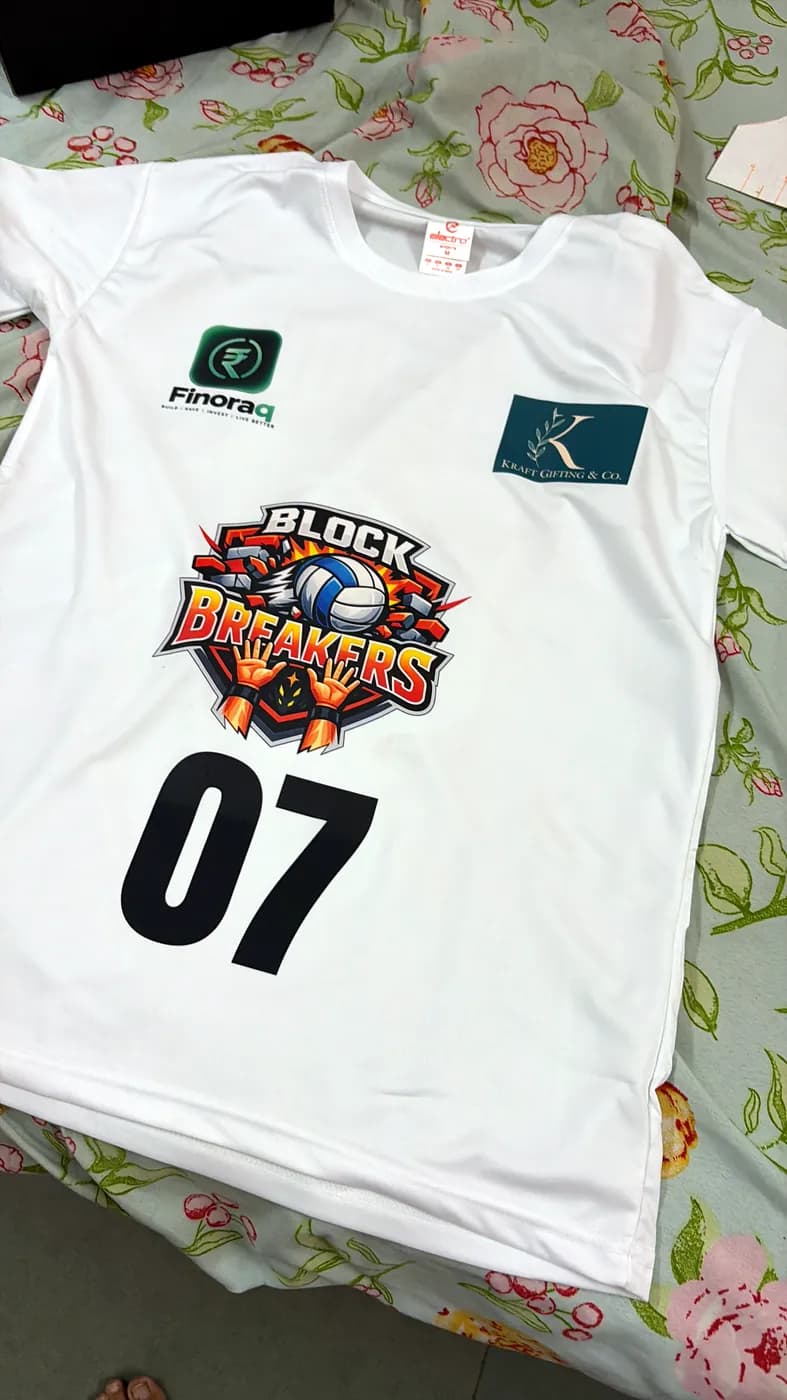 White volleyball jersey with full-colour crest and number